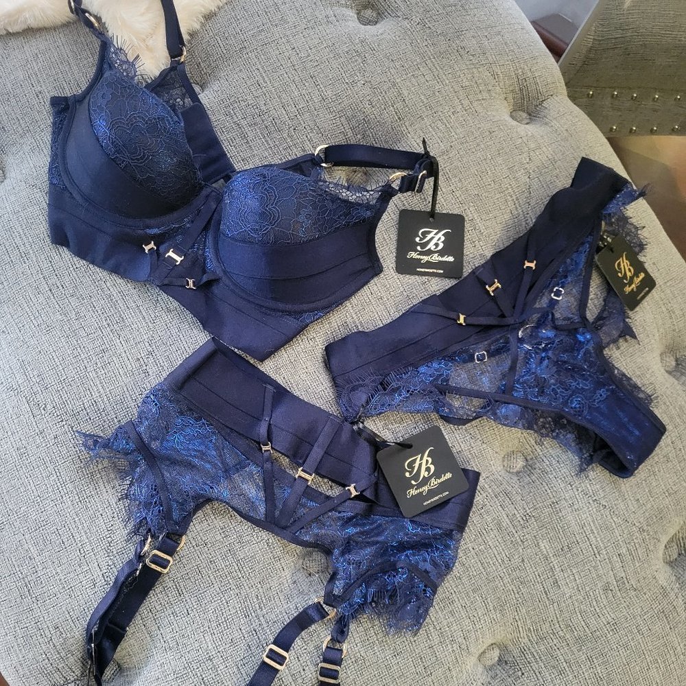 NWT Honey Birdette Belinda Navy- Full  3 Piece Set Size XS 32DD
